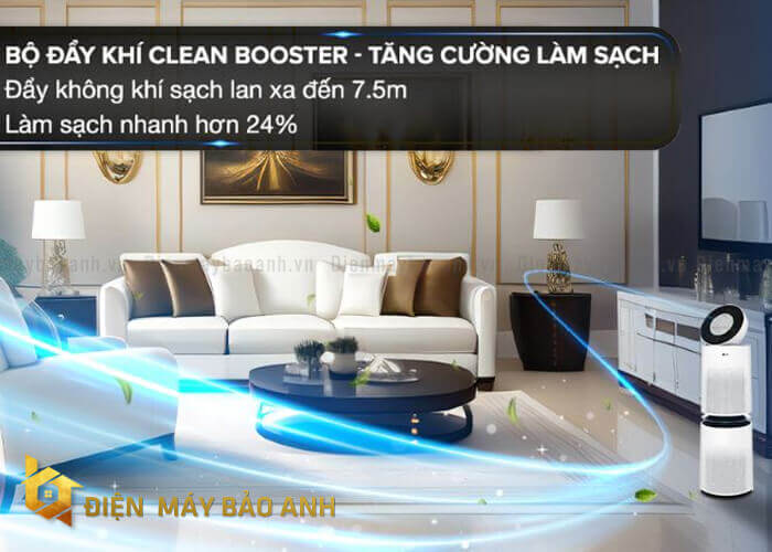 Máy lọc không khí LG AS10GDWH0 trang bị bộ đẩy khí Clean Booster giúp tăng cường làm sạch đẩy không khí sạch lan đến 7.5m