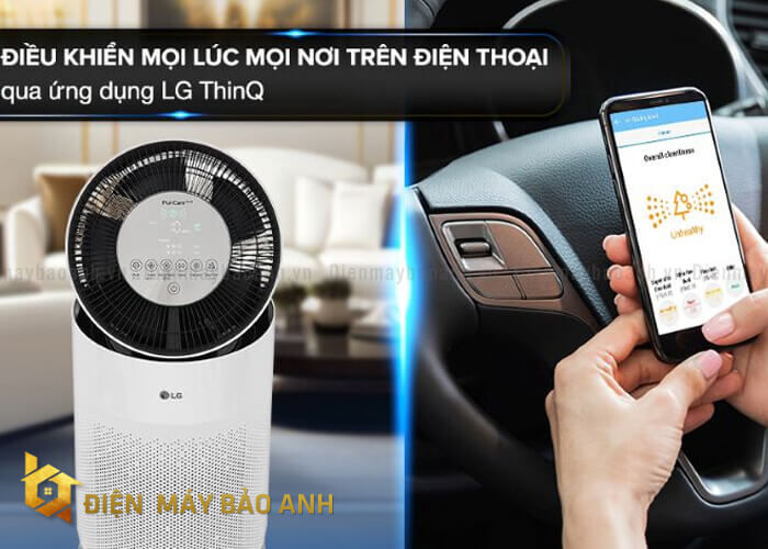 Máy lọc không khí lG AS10GDWH0 kết nối với điện thoại thông minh qua ứng dụng LG ThinQ